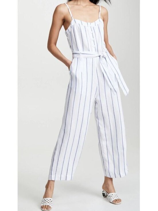 Rails Pants - RAILS Harper Jumpsuit Spaghetti Strap Belted Linen Blend Striped Pattern Size L
